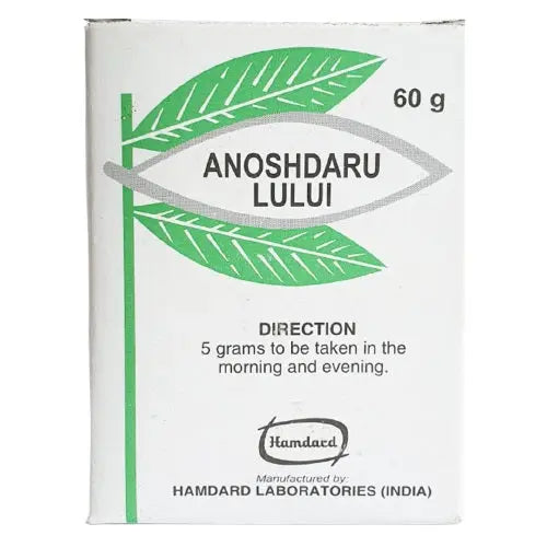 Anoshdaru Lului is a Majun category medicine that is primarily used for treating heart palpitations and as a cardiac tonic. The ingredients used in this medicine are beneficial for the heart's health, nerves, brain, liver, and stomach. The medicine can also modulate acid secretion in the stomach, making it helpful for treating dyspepsia, hyperacidity, and gastritis. The recommended dosage for Anoshdaru Lului is provided on the label.