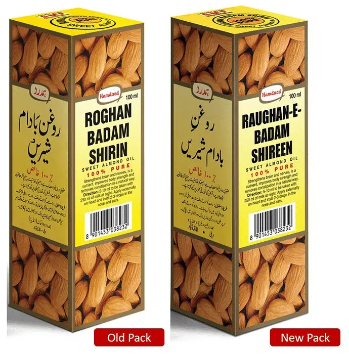 Hamdard Roghan Badam Shirin - A bottle of sweet almond oil with golden label, golden cap, and the Hamdard logo. The 100% natural oil is made from pure almonds and is rich in vitamin E, promoting healthy skin and hair. It is also used as a dietary supplement for brain health, and to help build stronger bones. Available on medlelo.com