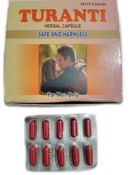 Rana Herbals Turanti Capsules - A dietary supplement marketed to restore energy, vigor, vitality, and physical strength. Claimed to be a powerful sex stimulant, it contains ingredients such as Safed Musli, Ashwagandha, Shilajit, Gokhru, and Kapikachhu, traditionally used in Ayurvedic medicine to enhance sexual performance and physical well-being. Available on medlelo.com