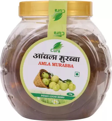 Cura Aamla Murabba is an Indian Ayurvedic recipe used to relieve symptoms of gastric problems, build immunity, and serve as a general health tonic. The recipe negates the sourness of amla by making it into a sweetened murabba. Amla is very rich in Vitamin C and Vitamin E, making it an essential ingredient in many different Ayurvedic remedies." The text emphasizes the health benefits of the dish, as well as its use of traditional Ayurvedic ingredients.