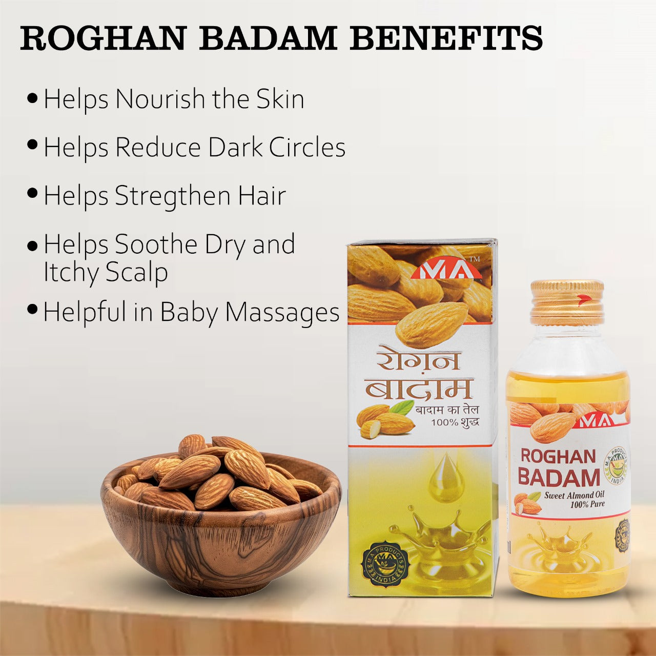 M A ROGHAN-E-BADAM SHIREEN Sweet Almond Oil for Body, Skin & Hair | 100ml | 100% Natural Almond Oil | Supports Memory Enhancement | Aids in Relieving Constipation | Promotes Stronger Muscles | 1 Pack M A Products