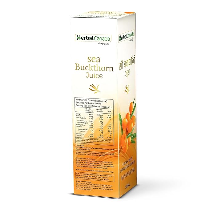 Herbal Canada Himalayan Sea Buckthorn Juice Pulp Concentrate 500ml | Rich in Natural Vitamin C, Omega 3 6 7 9, Antioxidants | Immunity, Skin Glow, Gut Health, No Added Sugar | Makes 50 Glasses Medlelo