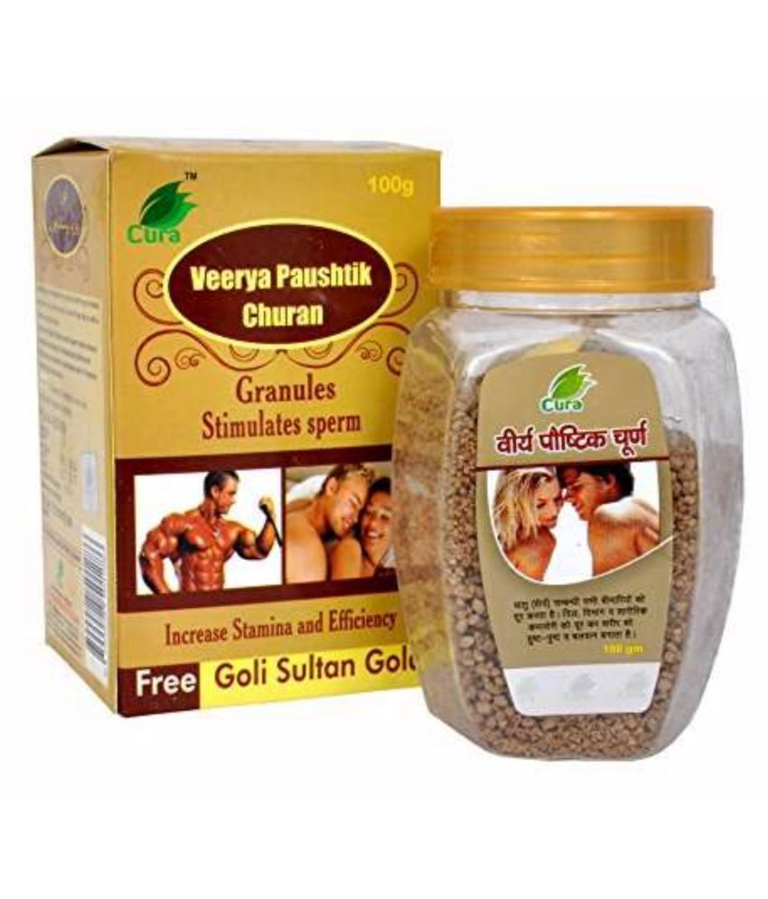 An image of a bottle of Cura Veerya Paushtik Churan with Sultan Gold Goli Free is shown. The bottle contains a brown powder with a label that has the product name and branding. The powder is marketed as a dietary supplement and is commonly used in traditional Indian medicine to promote male reproductive health. The accompanying Sultan Gold Goli Free tablets are shown next to the bottle and are marketed as a herbal remedy to enhance stamina and performance. Available on medlelo.com