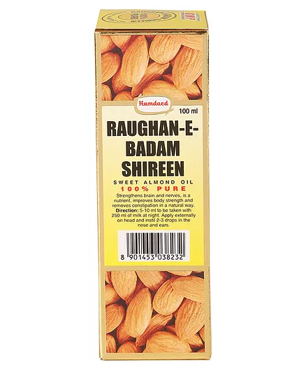 Hamdard Roghan Badam Shirin - A bottle of sweet almond oil with golden label, golden cap, and the Hamdard logo. The 100% natural oil is made from pure almonds and is rich in vitamin E, promoting healthy skin and hair. It is also used as a dietary supplement for brain health, and to help build stronger bones.  Available on medlelo.com