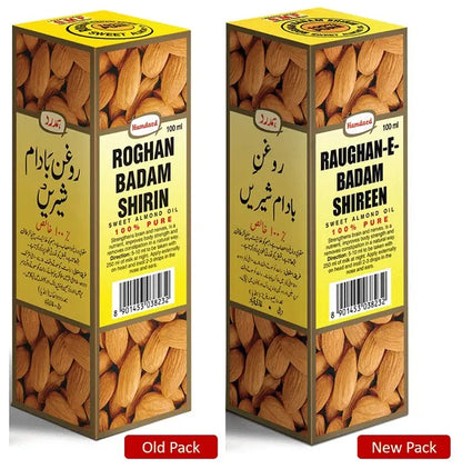 Hamdard Roghan Badam Shirin - A bottle of sweet almond oil with golden label, golden cap, and the Hamdard logo. The 100% natural oil is made from pure almonds and is rich in vitamin E, promoting healthy skin and hair. It is also used as a dietary supplement for brain health, and to help build stronger bones.  Available on medlelo.com