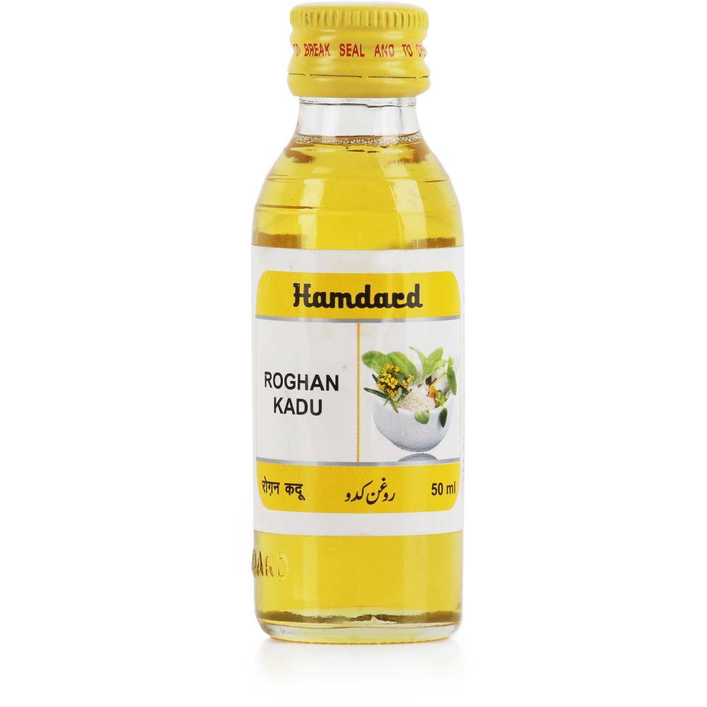 Rogan Kaddu is shown, featuring the product name and branding on the label. The product is an oil that may help alleviate headaches caused by excessive heat and sunstroke, as well as inducing sleep and reducing stress. Available on medlelo.com