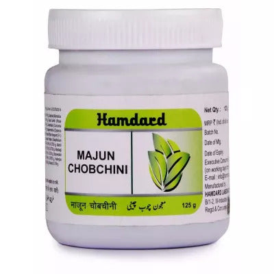 Hamdard Majun Chobchini herbal supplement available for purchase on Medlelo.com. The label displays the ingredients, including Laung, Jaiphal, Javitri, and others, and recommended usage of 5 grams in the morning or as directed by a physician. Use under medical supervision for joint pain relief, blood purification, and treatment of boils, pimples, syphilis, and sciatica