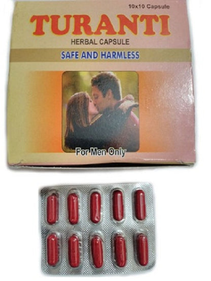 Rana Herbals Turanti Capsules - A dietary supplement marketed to restore energy, vigor, vitality, and physical strength. Claimed to be a powerful sex stimulant, it contains ingredients such as Safed Musli, Ashwagandha, Shilajit, Gokhru, and Kapikachhu, traditionally used in Ayurvedic medicine to enhance sexual performance and physical well-being. Available on medlelo.com